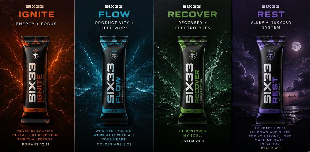 The four SIX33 stick packs — Ignite (energy + focus, Romans 12:11), Flow (deep work, Colossians 3:23), Recover (electrolytes, Psalm 23:3) and Rest (sleep, Psalm 4:8)