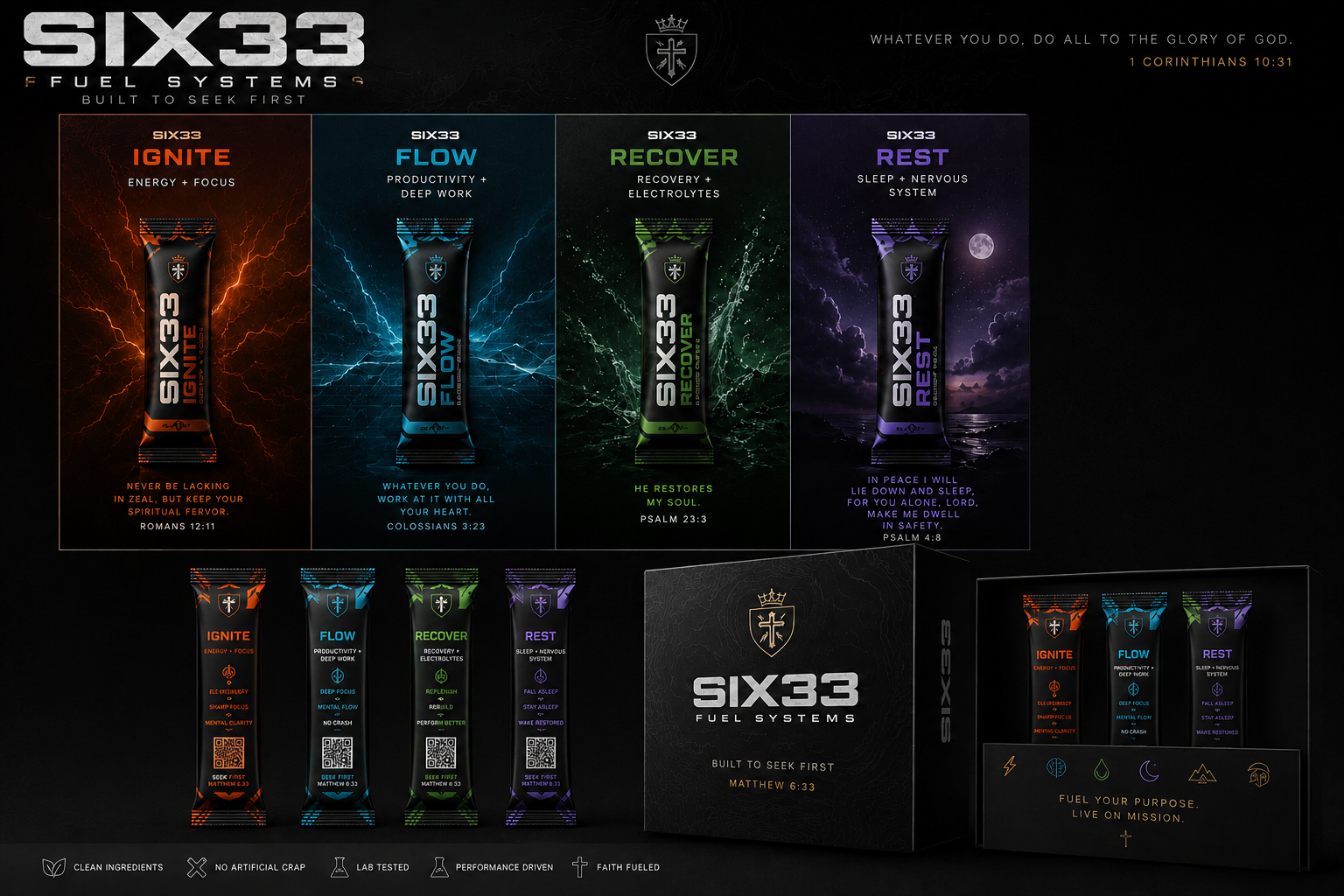 SIX33 Fuel Systems lineup — Ignite, Flow, Recover, Rest stick packs with the Seek First World box set
